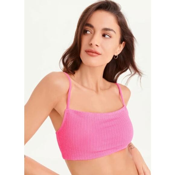 DKNY WOMENS SZ XS TEXTURED BRALETTE BIKINI TOP NEON PINK MICRO SCRUNCH NEW! - Picture 1 of 8
